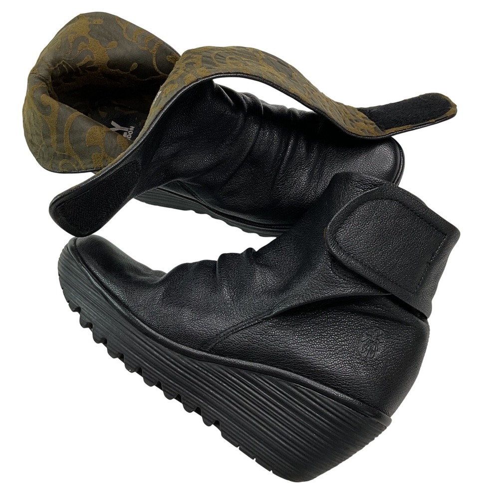 Fly London Black Leather Wedge Ankle Boots Slouchy Hook Loop Strap Size 40